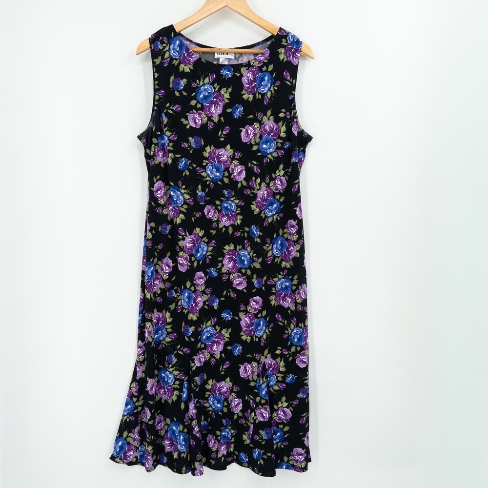 Vintage Floral Dress Womens 16 Black Purple Rose‎ Floral 90s Grunge Witchy Midi